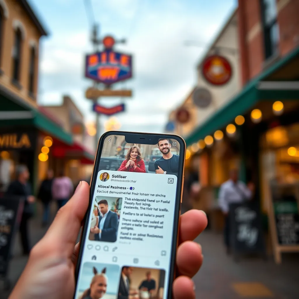 A close-up of a phone screen displaying a social media feed with engaging content from a local business. The feed should be tailored to a specific demographic, such as families or young professionals. The background should be a blurred image of a bustling street with local businesses.