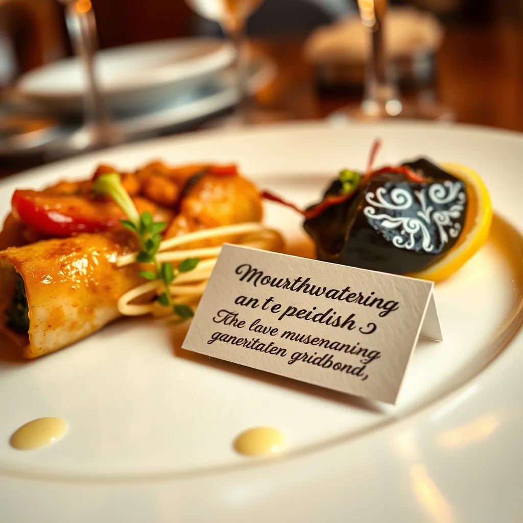 A close-up photo of a beautifully plated dish, with a mouthwatering description of the dish written in elegant calligraphy on a small card placed next to the plate. The image should have a warm, inviting atmosphere and focus on the details of the food and description.