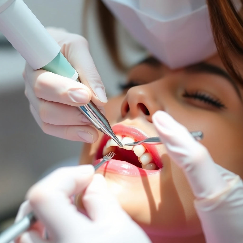 A close-up shot of a dental hygienist gently cleaning a patient's teeth with professional tools. The lighting is bright and clear, highlighting the cleanliness and precision of the procedure. The background is blurred, focusing on the immediate action. 4K resolution, photorealistic.