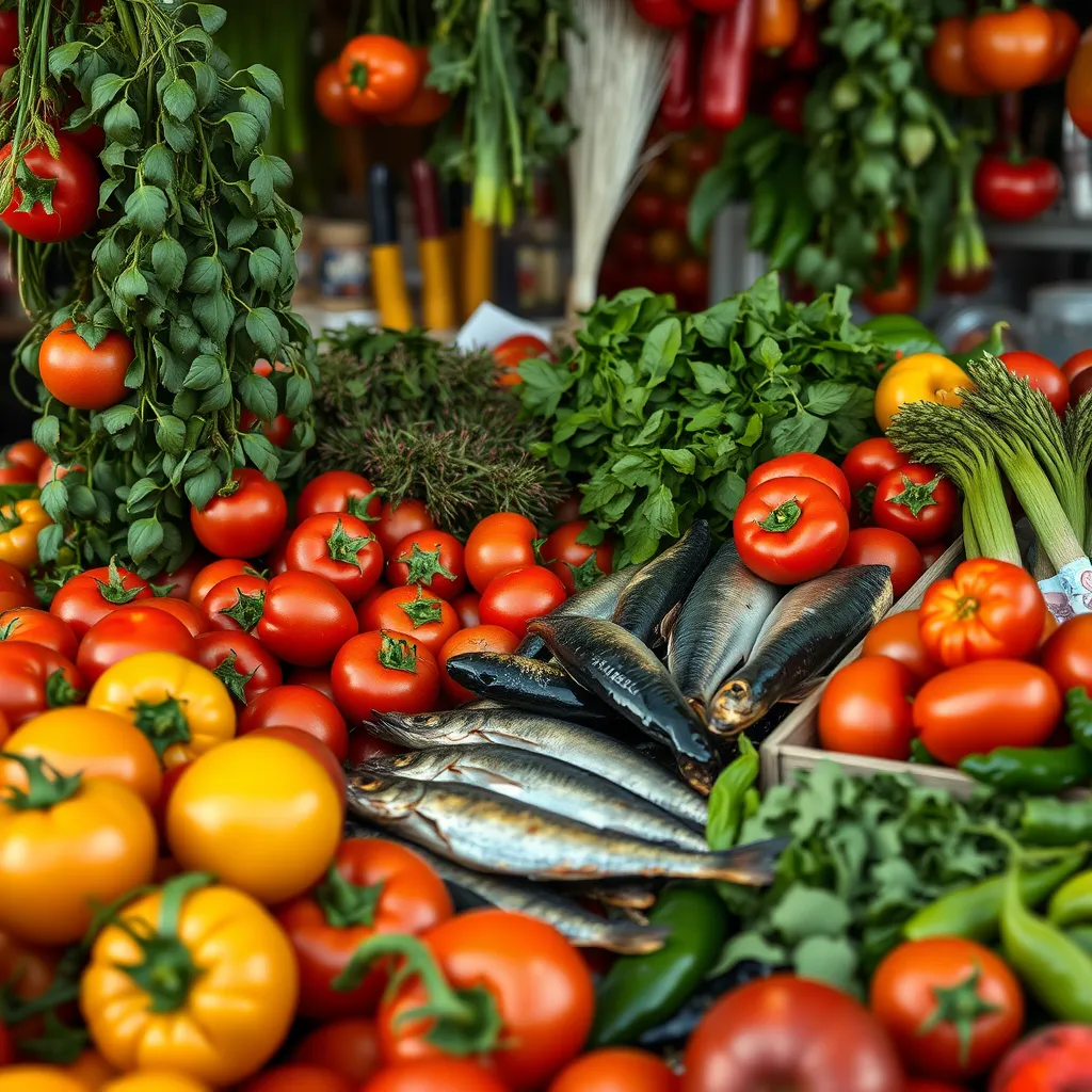 A close-up shot of a market stall overflowing with fresh produce, including ripe tomatoes, vibrant peppers, fragrant herbs, and glistening seafood. The image should convey the abundance and quality of Italian ingredients.
