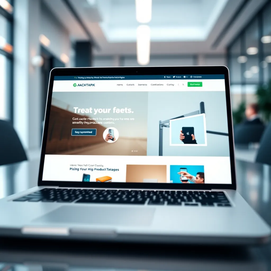 A close-up shot of a modern laptop screen displaying a beautifully designed website landing page with a clean, user-friendly interface. The website should be visually appealing, showcasing high-quality product images and engaging content.  In the background, blur out a professional office environment with a sleek, minimalist design, emphasizing the seamless integration of digital marketing and business operations. The lighting should be soft and diffused, creating a warm and inviting atmosphere. The image should be rendered in 8K resolution, with a focus on sharp details and realistic textures, creating a sense of depth and quality.