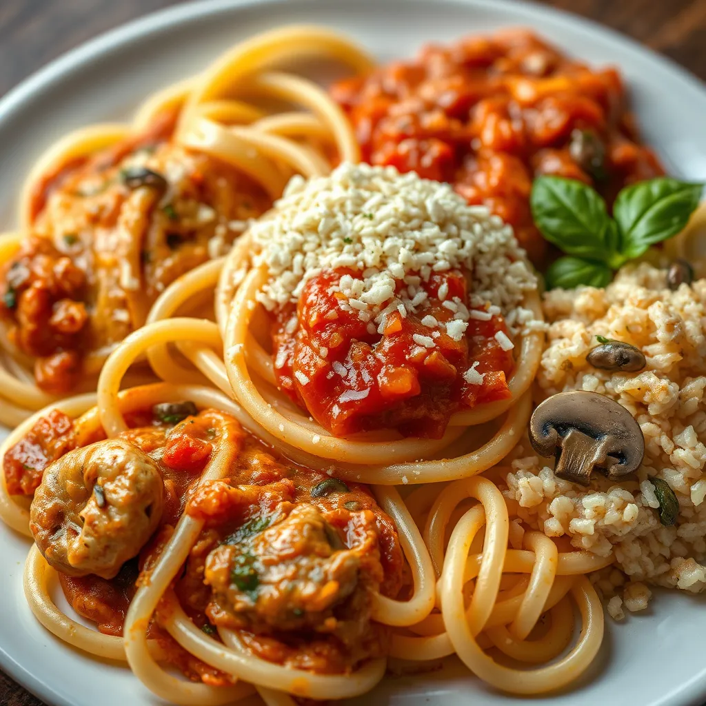 A close-up shot of a plate of pasta, showcasing a variety of sauces and toppings. The image should highlight the different textures and colors of the sauces, such as a creamy carbonara, a spicy arrabbiata, a rich seafood sauce, and a delicate mushroom risotto. The pasta should be cooked al dente and the toppings should be fresh and flavorful.