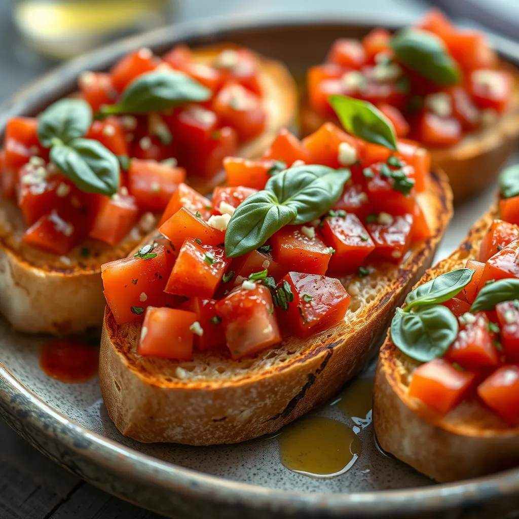 A close-up shot of a plate of Bruschetta 10. The toasted bread should be evenly browned and topped with fresh, diced tomatoes, chopped garlic, basil leaves, and a drizzle of olive oil. The plate should be rustic and simple, perhaps made of ceramic or wood.