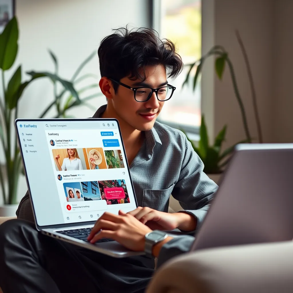 A contemporary, visually appealing image of a young entrepreneur working on a laptop, showcasing their social media dashboard with active engagement and a high volume of positive comments and likes.  The image should have a soft, diffused lighting, creating a comfortable and inspiring atmosphere. The entrepreneur should be dressed in a professional yet casual outfit, reflecting a modern and approachable brand image.  The background should be a minimalist workspace, with plants and natural light, suggesting a creative and innovative environment.  The image should be rendered in 8K resolution, highlighting the vibrant colors and dynamic nature of social media platforms.  Style reference:  the aesthetic of popular social media apps.