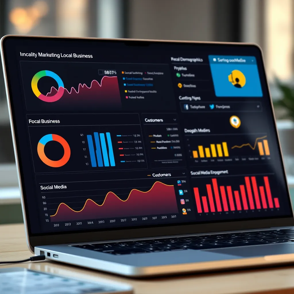A dashboard with interactive charts and graphs displaying data related to website traffic, customer demographics, and social media engagement. In the background, a laptop with a local business website open, showing the use of digital marketing tools.