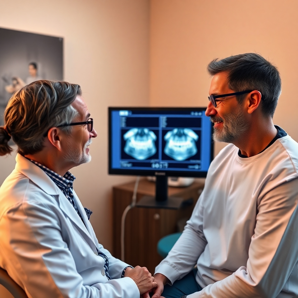 A dentist and patient discussing a treatment plan while looking at digital x-rays on a monitor. The setting is a comfortable consultation room. The lighting is warm and inviting, fostering a sense of trust and collaboration. Focus on their expressions of understanding and care. 4K resolution, photorealistic.