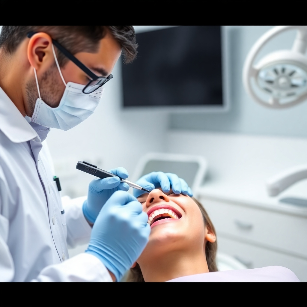 A dentist performing a routine check-up on a patient. Focus on the dentist's attention to detail and the patient's relaxed expression. The setting is a clean and modern dental examination room. The lighting is bright and clear. 4K resolution, photorealistic.