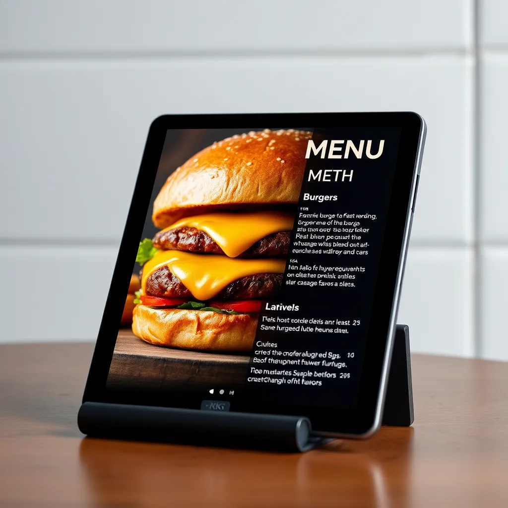 A digital menu on a tablet, showcasing a mouthwatering image of a gourmet burger with a crisp bun, juicy patty, and melted cheese. The image is accompanied by a brief, descriptive text, highlighting the burger's ingredients and flavors. The menu is displayed on a modern, minimalist background.