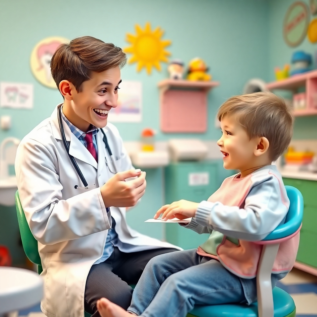 A friendly dentist interacting with a young child during a dental checkup, using fun and engaging techniques to make the experience enjoyable. The setting is a colorful and playful examination room. 4K resolution, photorealistic.