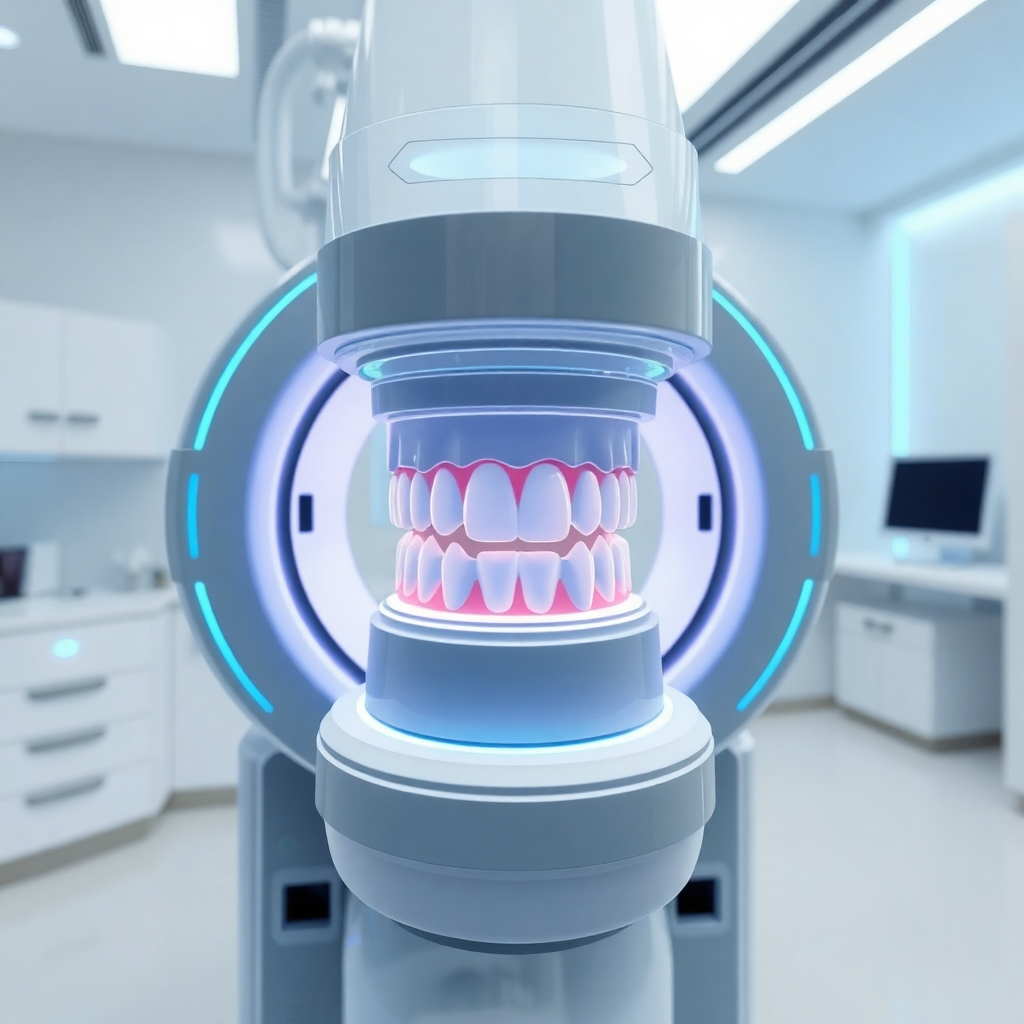 A futuristic dental scanner examining a set of teeth, showcasing the advanced technology used at Macleod Trail Dental. The scene is set in a modern, sterile environment with soft lighting. Use a cool color palette with accents of blue and white. 4K resolution, high-quality rendering.