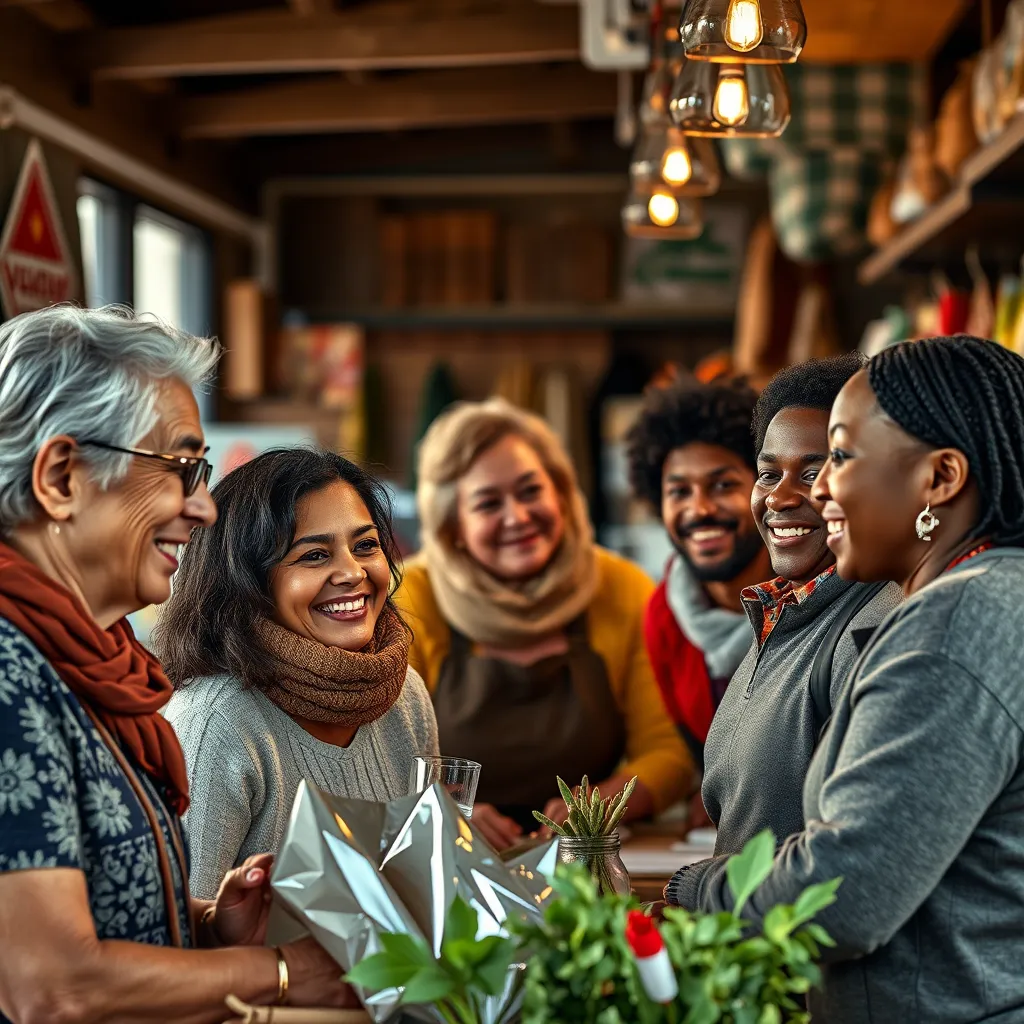 A group of diverse individuals, representing different age groups and ethnicities, interacting positively with local business owners. The scene should be warm and friendly, capturing the essence of community interaction and support. The image should be set in a cozy, local market environment.