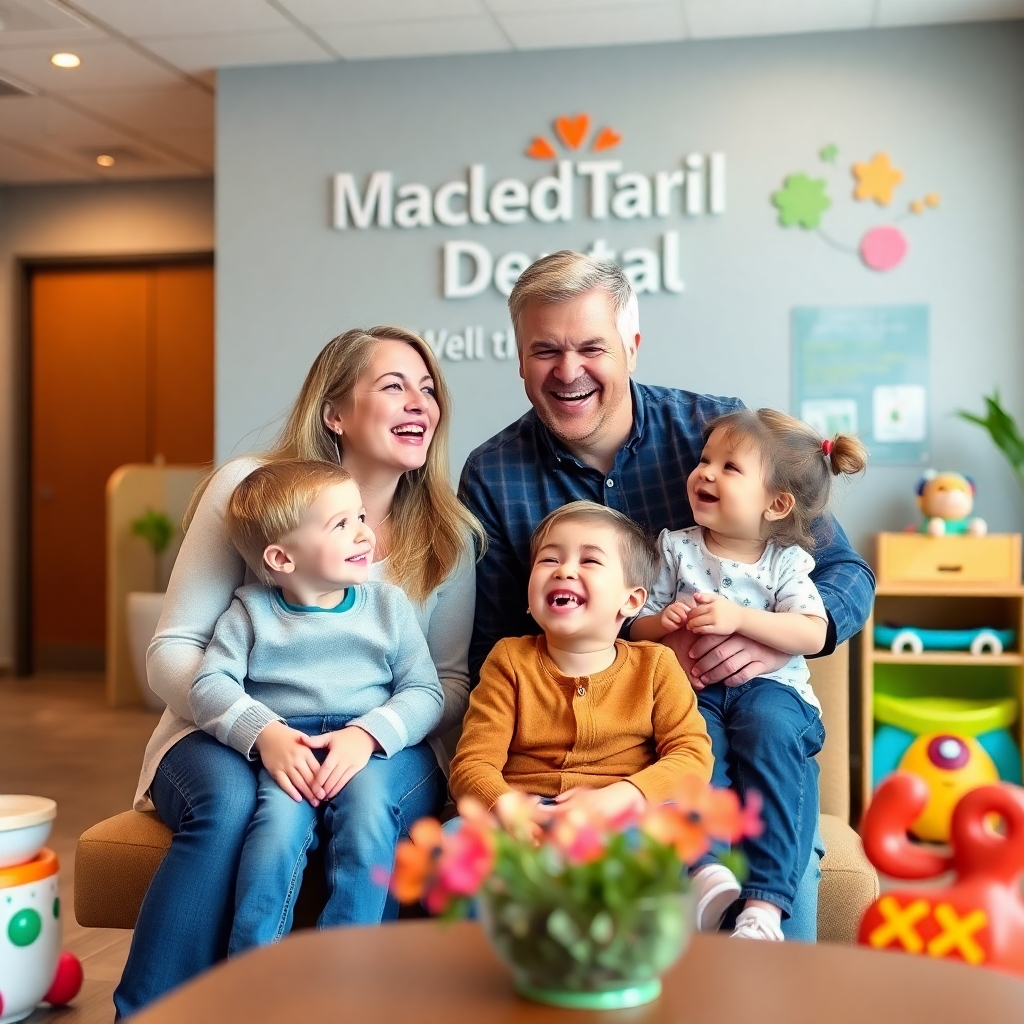 A happy family (parents and two children) smiling and laughing together in the waiting room of Macleod Trail Dental. The atmosphere is warm, inviting, and kid-friendly, with toys and cheerful decorations. 4K resolution, photorealistic.