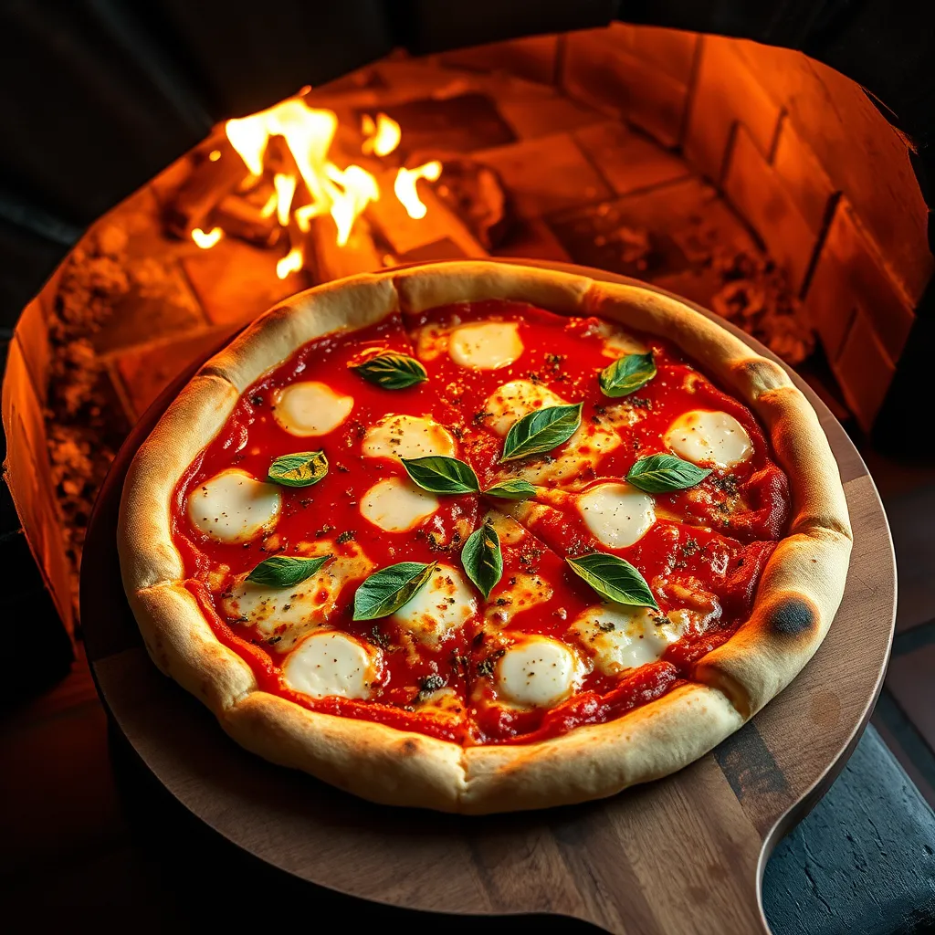 A high-angle shot of a perfectly round, thin-crust pizza emerging from a traditional wood-fired oven. The pizza is topped with a vibrant red tomato sauce, melted mozzarella cheese, fresh basil leaves, and a sprinkle of oregano. The oven is made of red brick and has a glowing fire inside, creating a warm and inviting atmosphere. The pizza is presented on a rustic wooden board, with a few drops of olive oil drizzled on the crust. The lighting is warm and natural, highlighting the textures of the pizza crust, sauce, and cheese. The image should be captured in 8K resolution with hyperrealistic detail, emphasizing the crispness of the crust and the gooey, melted cheese.