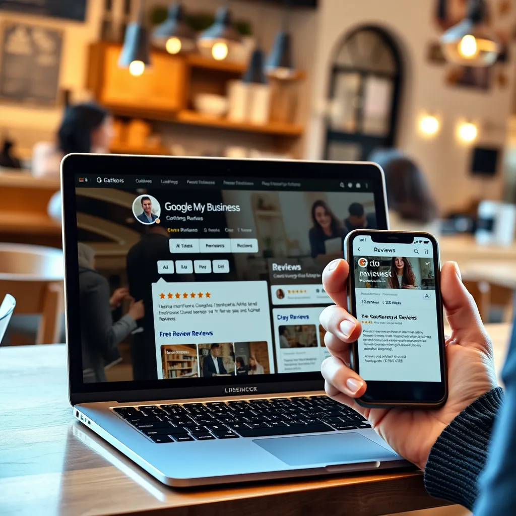 A laptop screen displaying a Google My Business listing with multiple positive reviews and a 5-star rating. A smiling customer is holding a smartphone, showcasing a recent review they've written. The background features a bustling local coffee shop, emphasizing the impact of reviews on attracting new customers.