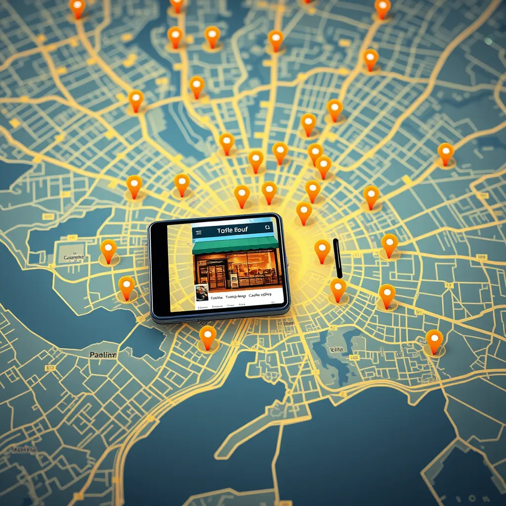 A map of a city with highlighted areas representing different neighborhoods, each with a unique business icon. A smartphone displaying an ad for a local coffee shop is overlaid on the map, indicating targeted advertising. The overall image should be bright and engaging, showcasing the effectiveness of hyperlocal targeting.