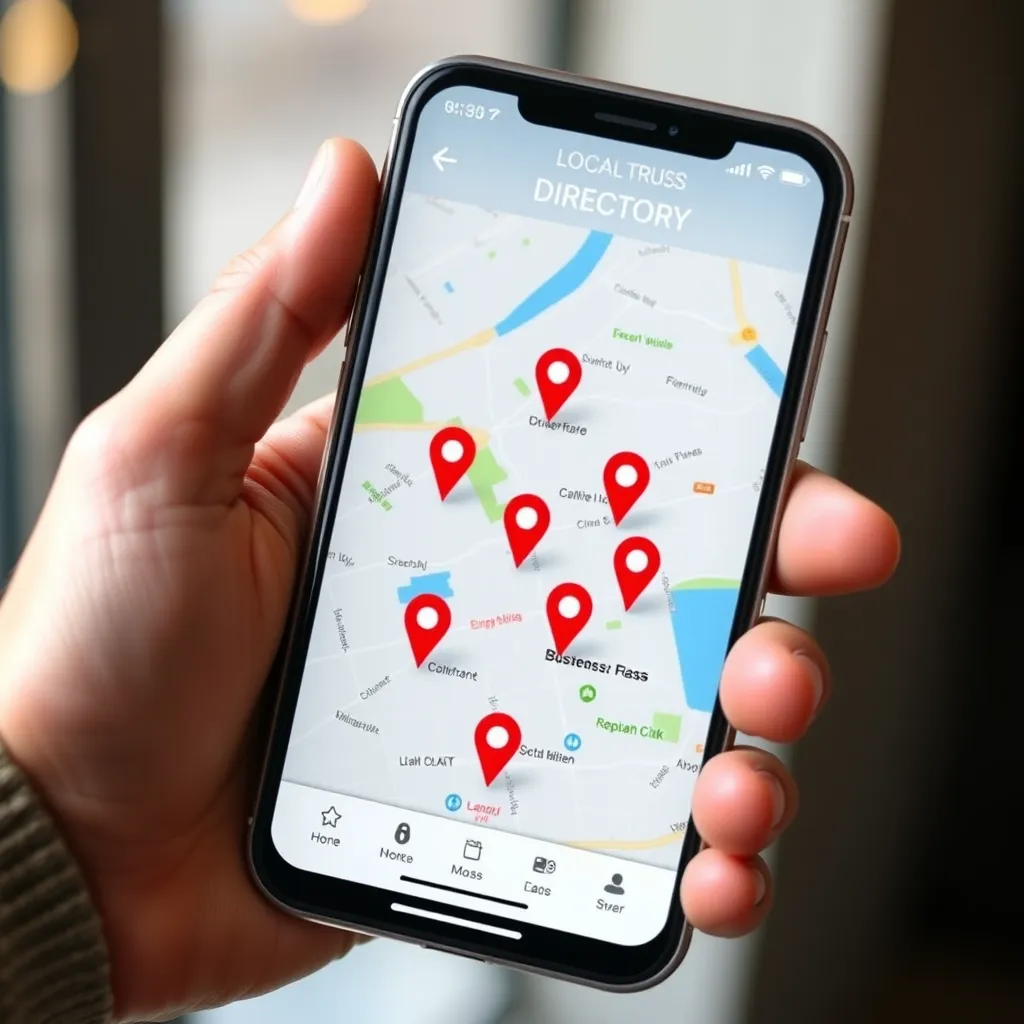 A person holding a smartphone with a local business directory app open. The app should showcase a map with multiple pinpoints, each representing a different local business.  The scene should depict a clear, user-friendly interface, emphasizing the ease of use and convenience the app provides.