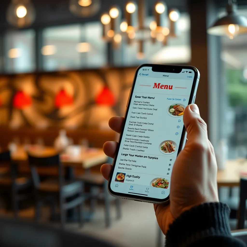 A person scrolling through a restaurant menu on their smartphone. The menu is designed with large, clickable buttons, clear headings, and high-quality images. The background is a blurred image of the restaurant's interior, creating a sense of ambiance.