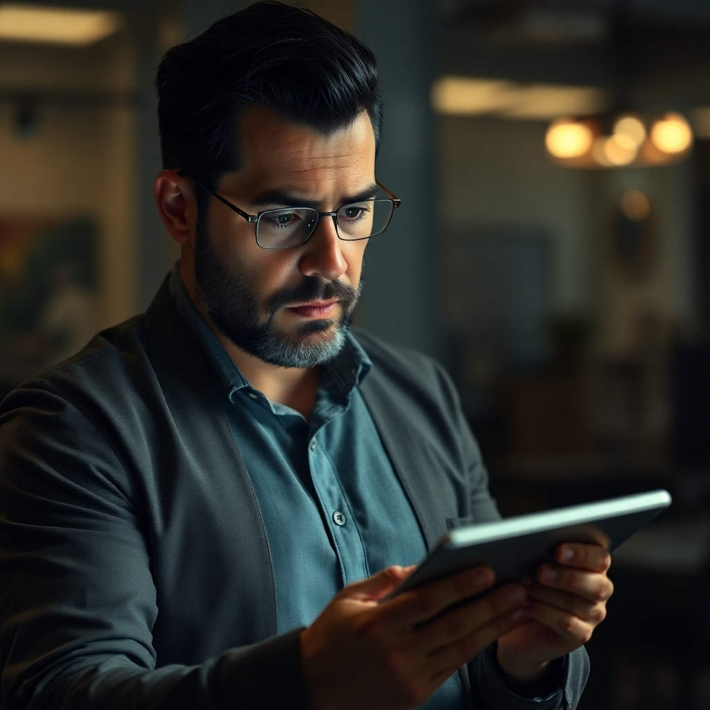 A photorealistic image depicting a concerned business owner reading a negative review on a tablet. The lighting is slightly dim to convey a sense of seriousness. The background is a blurred office environment. Style reference: realistic and empathetic.
