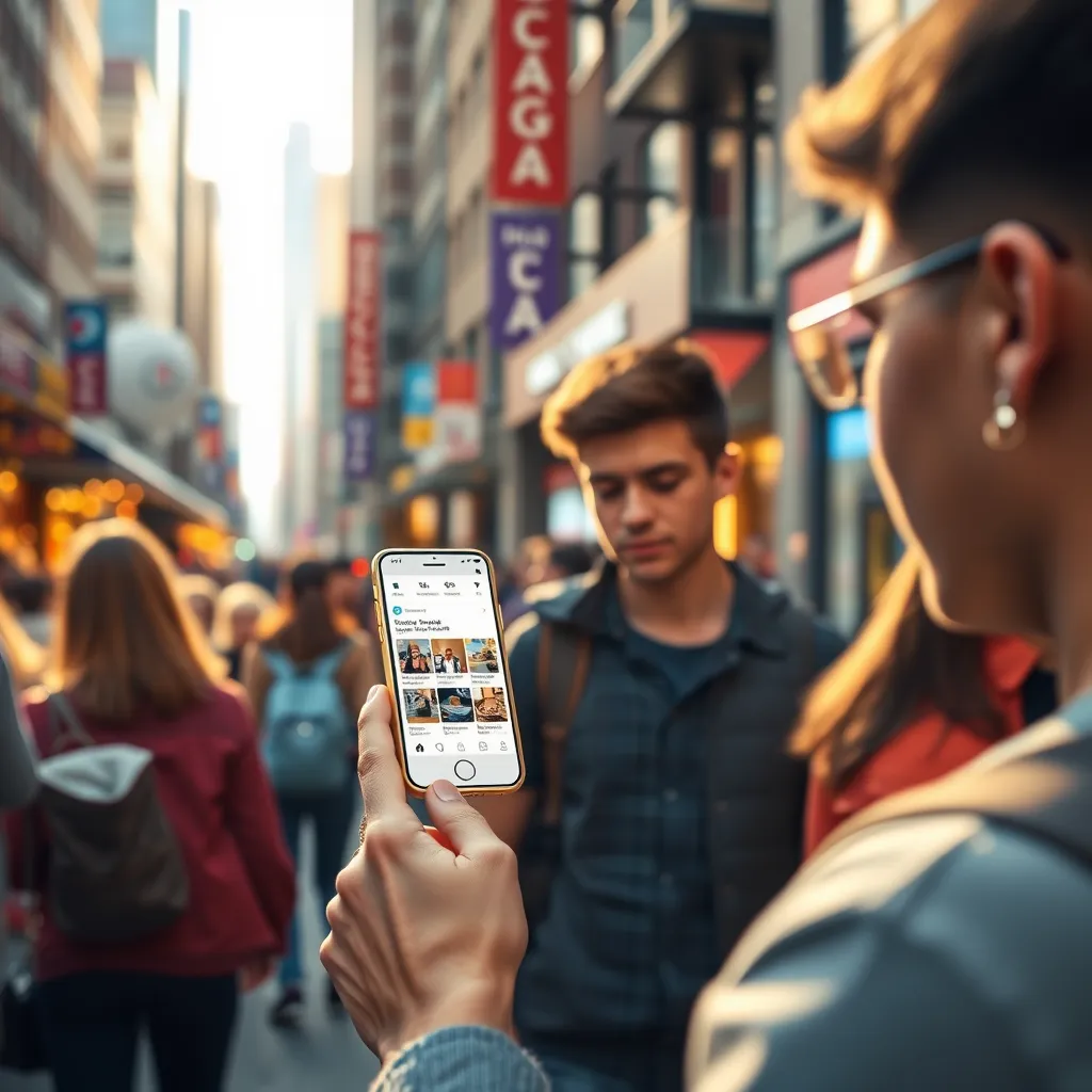 A photorealistic image depicting a vibrant city street scene in Calgary. In the foreground, a young professional is browsing a smartphone, the Calgary Deals TogoTo app displayed on the screen. The app showcases a personalized feed of local businesses, deals, and promotions relevant to their interests. The scene should capture the energy of the city with diverse individuals interacting with the app. The lighting should be warm and inviting, with a focus on natural light. The phone screen should be bright and visually appealing, highlighting the app's intuitive design and user-friendly features. Emphasize the use of high-quality images and video elements within the app to engage users. Capture a sense of excitement and discovery, highlighting the app's ability to connect users with local businesses. Style reference: modern city life photography, aesthetic of a bustling urban market.