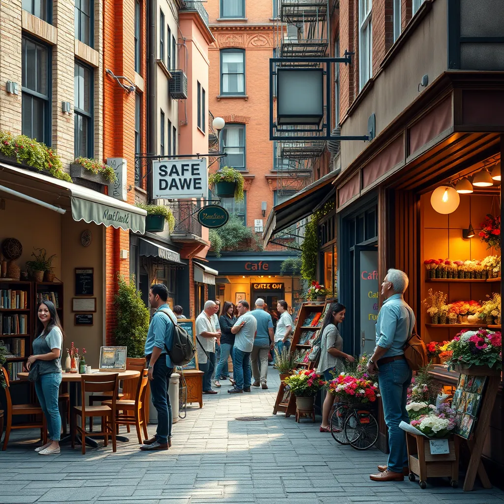 A photorealistic image of a bustling street scene with diverse local businesses, such as a cafe, a bookstore, and a flower shop, all with friendly, smiling staff interacting with customers. The scene should evoke a sense of community and warmth.