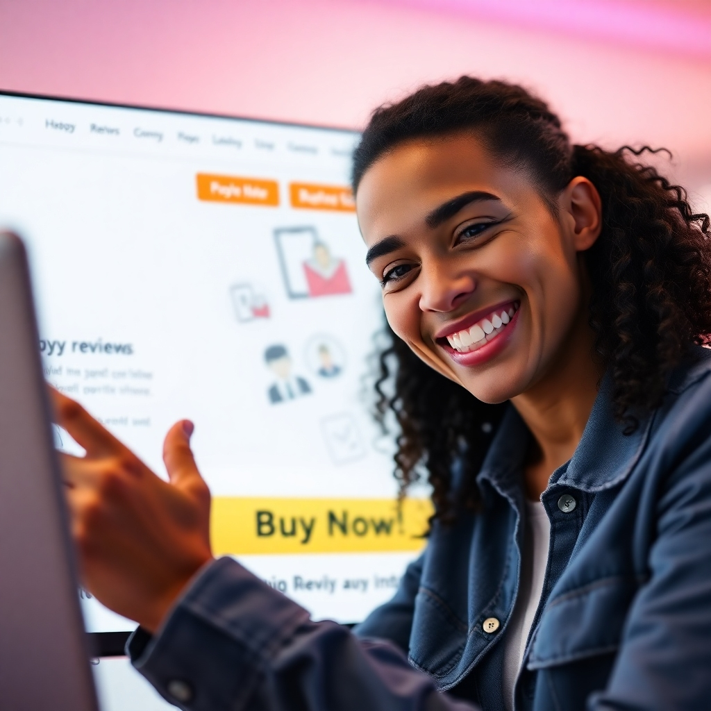 A photorealistic image of a customer smiling and clicking a 'Buy Now' button on a website displaying positive reviews. The lighting is bright and inviting. The background is a clean and modern website design.