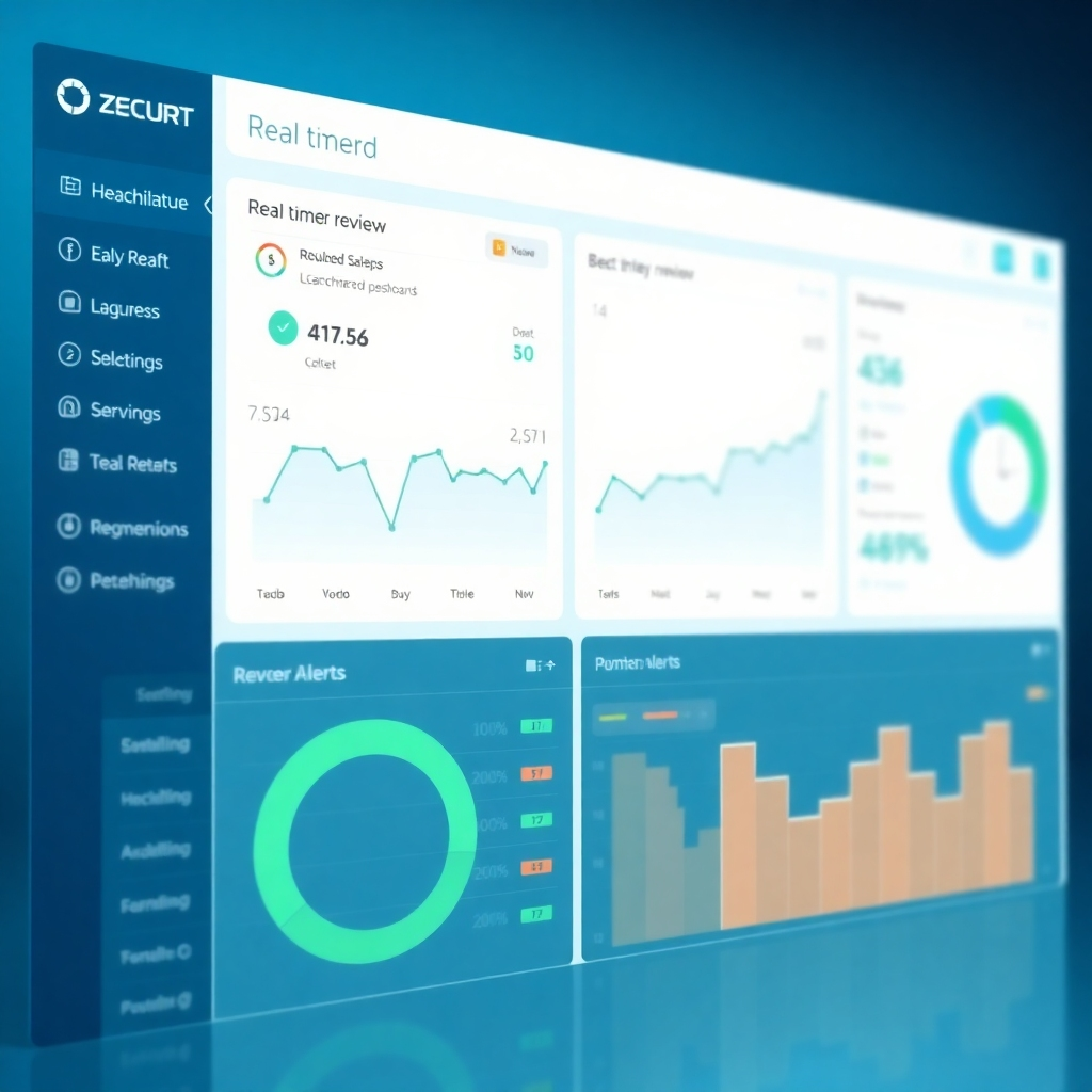 A photorealistic image of a dashboard displaying real-time review data and alerts. The dashboard is clean and easy to understand. The color palette uses blues and greens to convey a sense of security and monitoring.