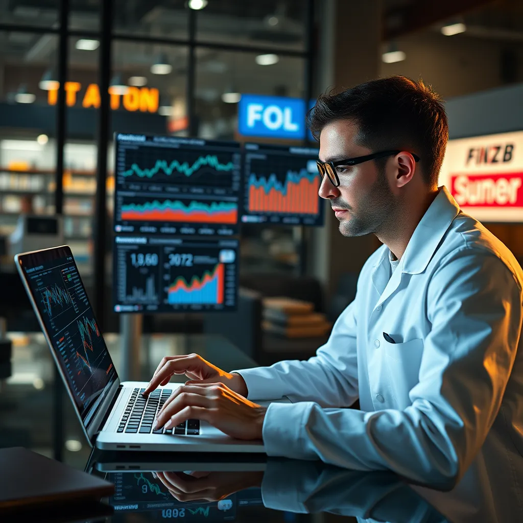 A photorealistic image of a data scientist working on a laptop, analyzing data from a digital marketing campaign. The screen displays graphs and charts depicting key metrics like website traffic, conversion rates, and customer engagement. The image portrays a modern, tech-driven approach to local marketing.