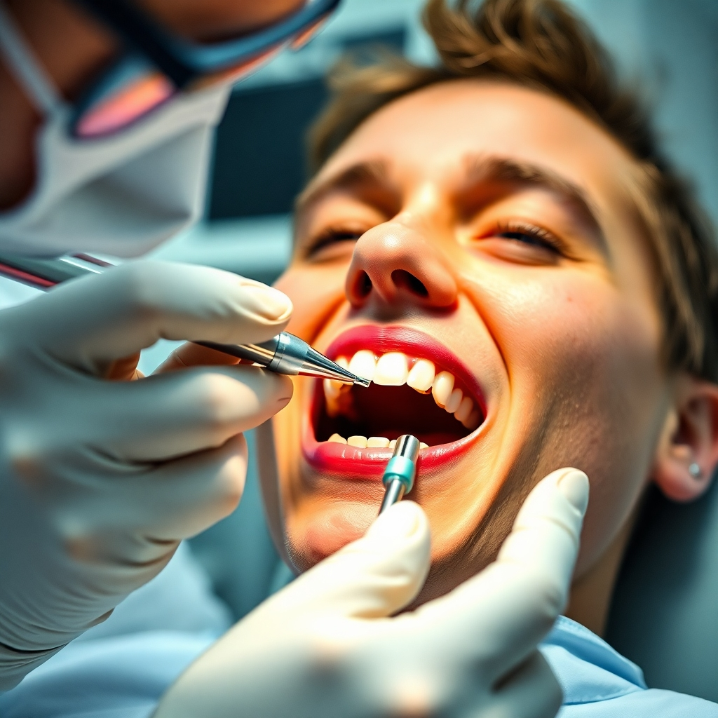 A photorealistic image of a dentist carefully examining a patient's teeth with advanced equipment. Focus on the precision and expertise in the dentist's hands. The lighting should highlight the details of the dental instruments and the patient's teeth. The setting is a modern dental examination room. Close-up shot, 4K resolution.