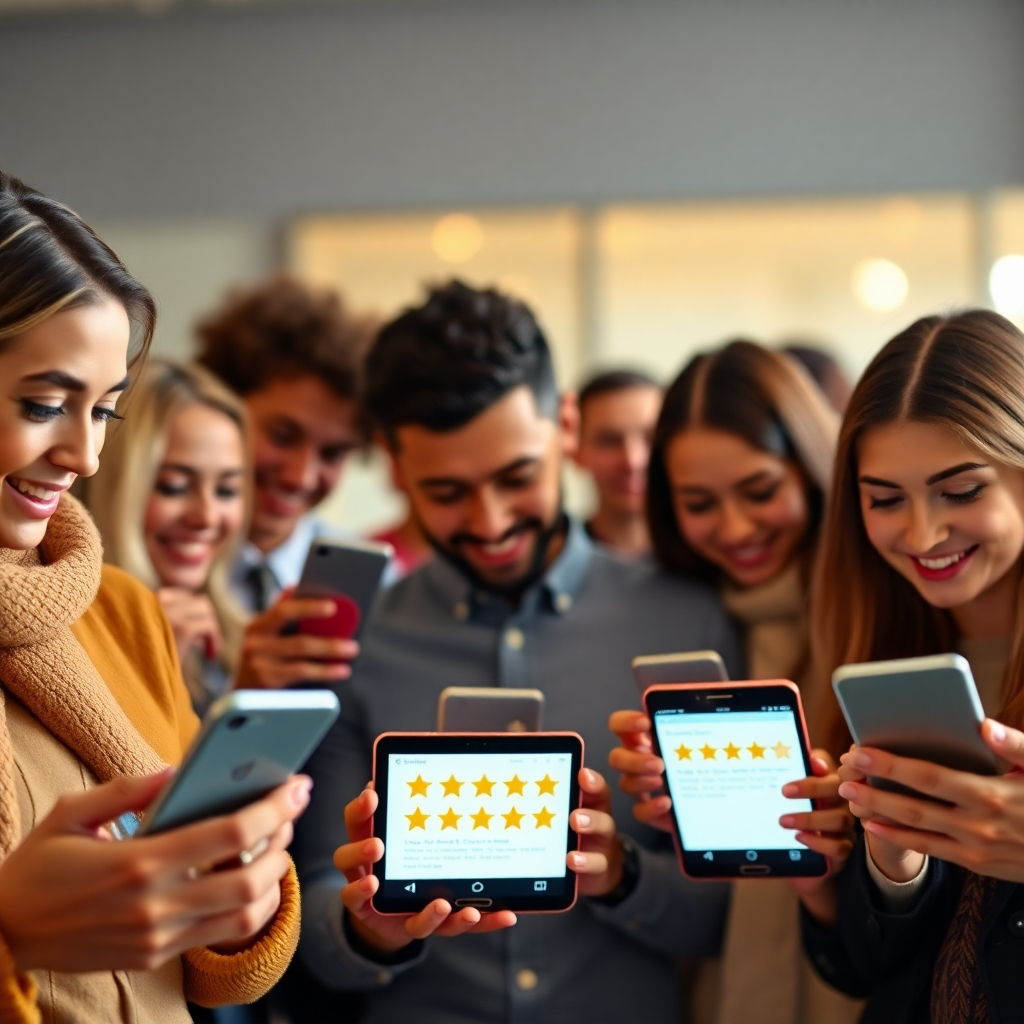 A photorealistic image of a diverse group of people looking at their smartphones and tablets, all displaying glowing five-star reviews. The background is blurred to focus on the screens. The lighting is soft and inviting. The color palette is warm and positive. Style reference: Modern and tech-savvy.
