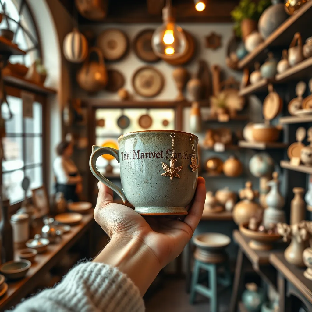 A photorealistic image of a hand holding a beautifully crafted, handmade item, like a ceramic mug or a piece of jewelry, in a quaint, well-lit shop. The background should be filled with various other unique and interesting products, showcasing the shop's character and charm.