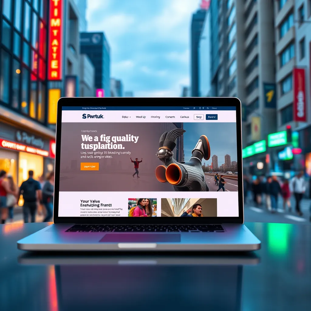 A photorealistic image of a laptop displaying a website with a vibrant, engaging design. The website features high-quality images and videos showcasing the brand's values, products, and services. In the background, a busy city street with bustling crowds and a clear view of the local area symbolizes the brand's connection to its community.