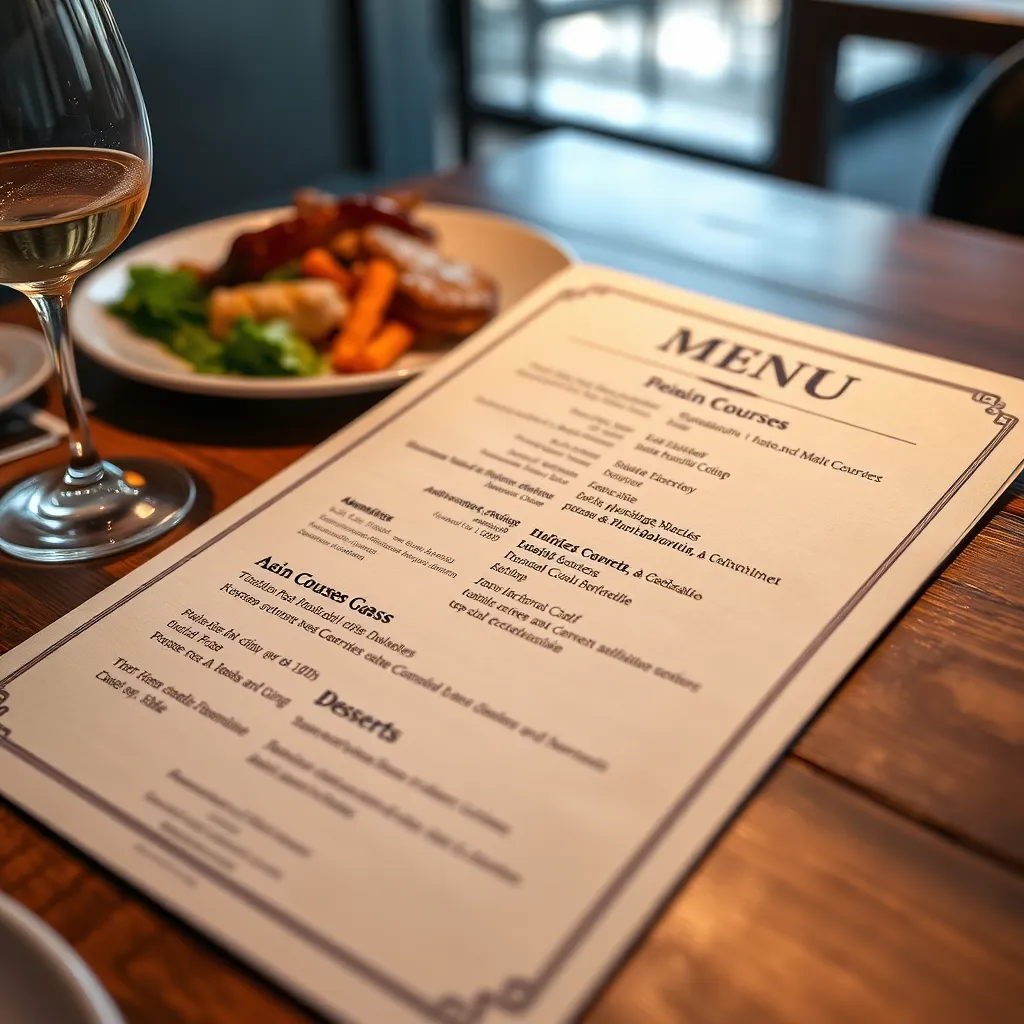 A restaurant menu with clear categories like 'Appetizers,' 'Main Courses,' and 'Desserts,' using simple, bold fonts and visually appealing spacing. The menu is presented on a wooden table with a glass of wine and a plate of food in the background.