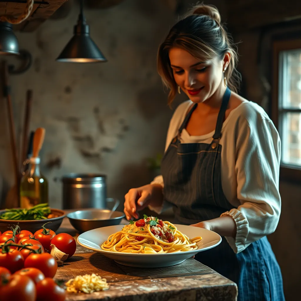 A rustic Italian kitchen with a woman preparing a simple dish of pasta with olive oil, garlic, and tomatoes. The image should evoke a sense of tradition and the importance of using quality ingredients.