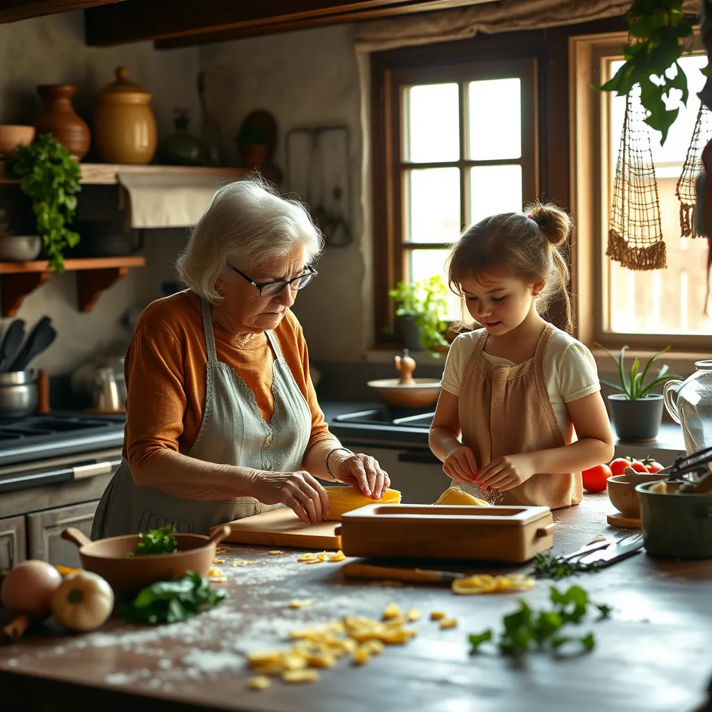 A rustic Italian kitchen with a grandmother and granddaughter preparing pasta dough together. The kitchen is filled with sunlight, and there are fresh herbs and vegetables scattered on the counter. The image should evoke a sense of warmth, tradition, and family.