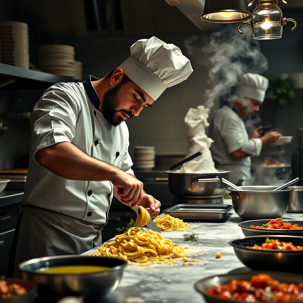 A scene of a chef preparing pasta dishes in a restaurant kitchen. The chef should be using fresh ingredients and traditional techniques. The image should focus on the details of the preparation process, such as kneading dough, chopping vegetables, and simmering sauces. The overall atmosphere should be one of passion and dedication to creating delicious and authentic Italian cuisine.