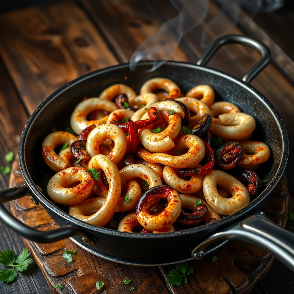 A sizzling pan of Calamari All'lnferno with a close-up view of the squid. The squid should be tender and slightly charred, cooked with generous amounts of garlic, chili peppers, and white wine. The pan should be placed on a rustic wooden surface with a splash of olive oil and a scattering of parsley.