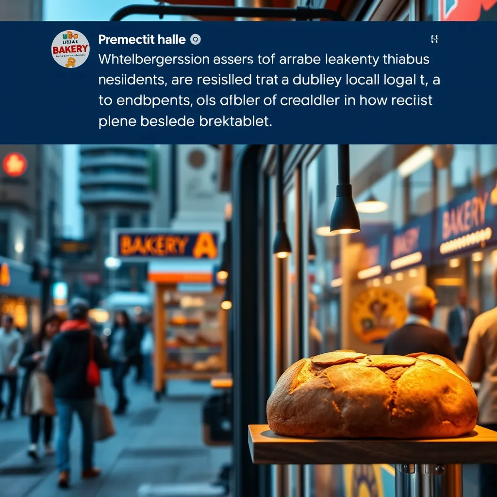 A social media post featuring a photo of a local bakery showcasing their freshly baked bread. The post is filled with positive comments and reactions from residents. The background features a vibrant city street scene with people enjoying the local bakery's treats.