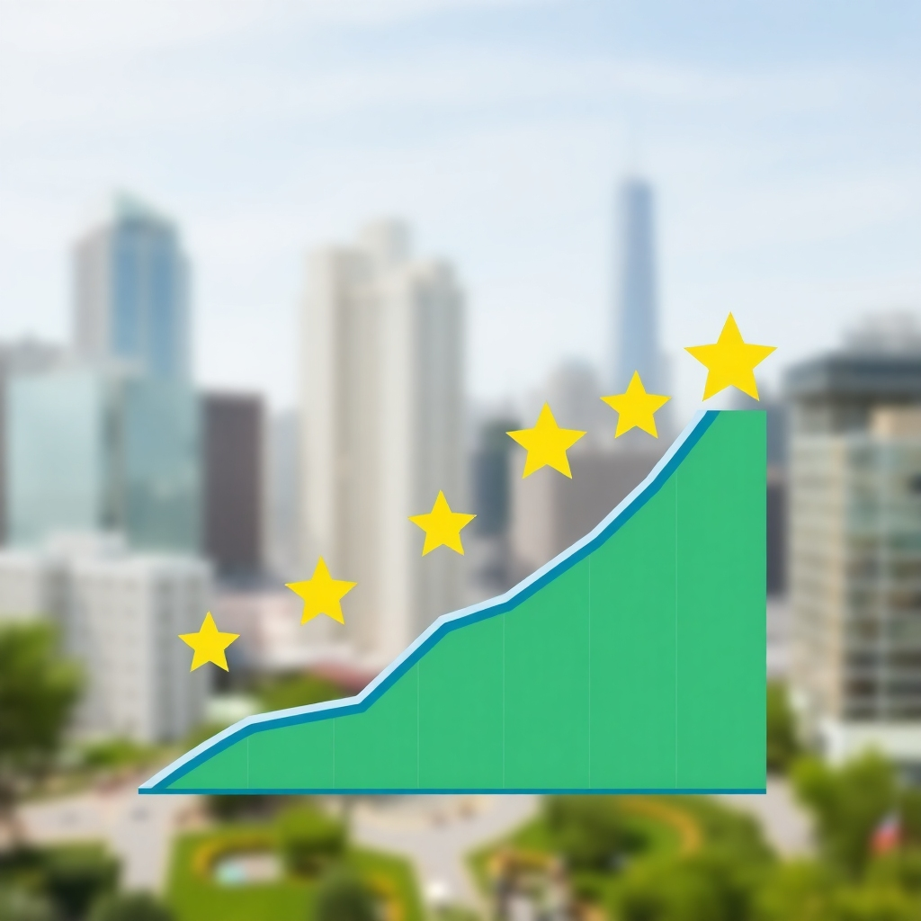 A stylized image depicting a graph trending upwards, with five-star reviews acting as the fuel powering the growth. The background is a blurred cityscape. The color palette uses greens and blues to symbolize growth and success.