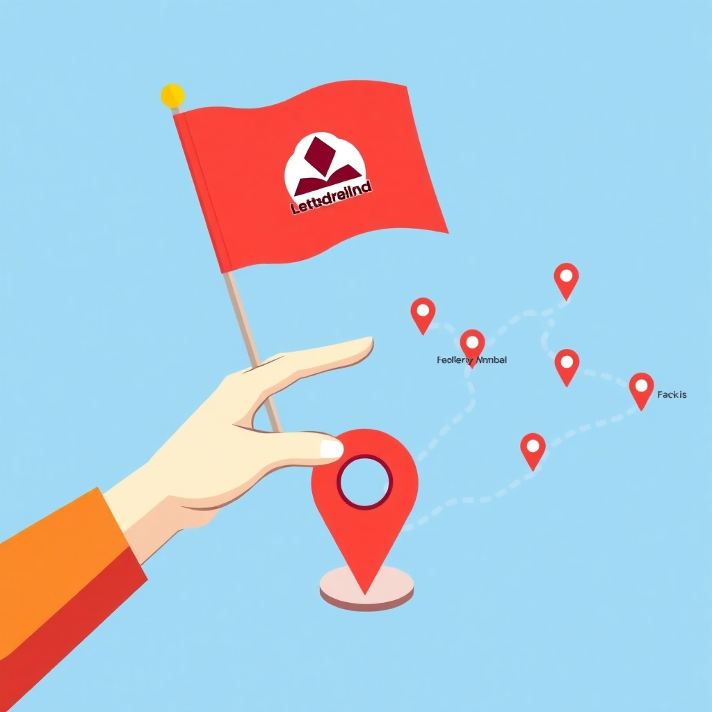 A stylized image depicting a hand reaching out to claim a digital flag planted on a map marker icon. The flag is emblazoned with a company logo. The background is a simplified map with key locations highlighted. The color palette is vibrant and energetic. Style reference: Clean and graphic.
