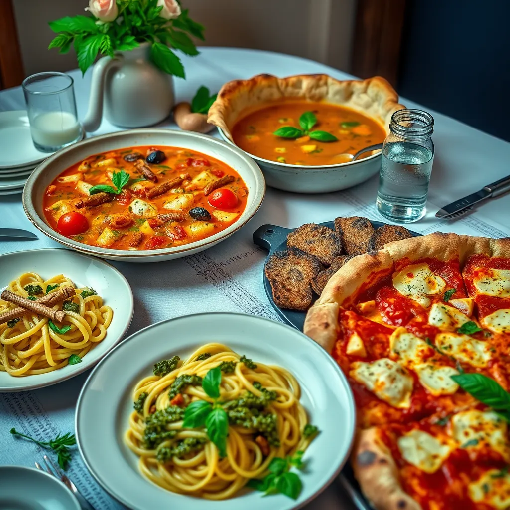 A table spread with a variety of regional Italian dishes, including a plate of pasta with pesto in Liguria, a steaming bowl of Tuscan ribollita soup, and a platter of Neapolitan pizza. The image should be vibrant and showcase the diversity of Italian food.