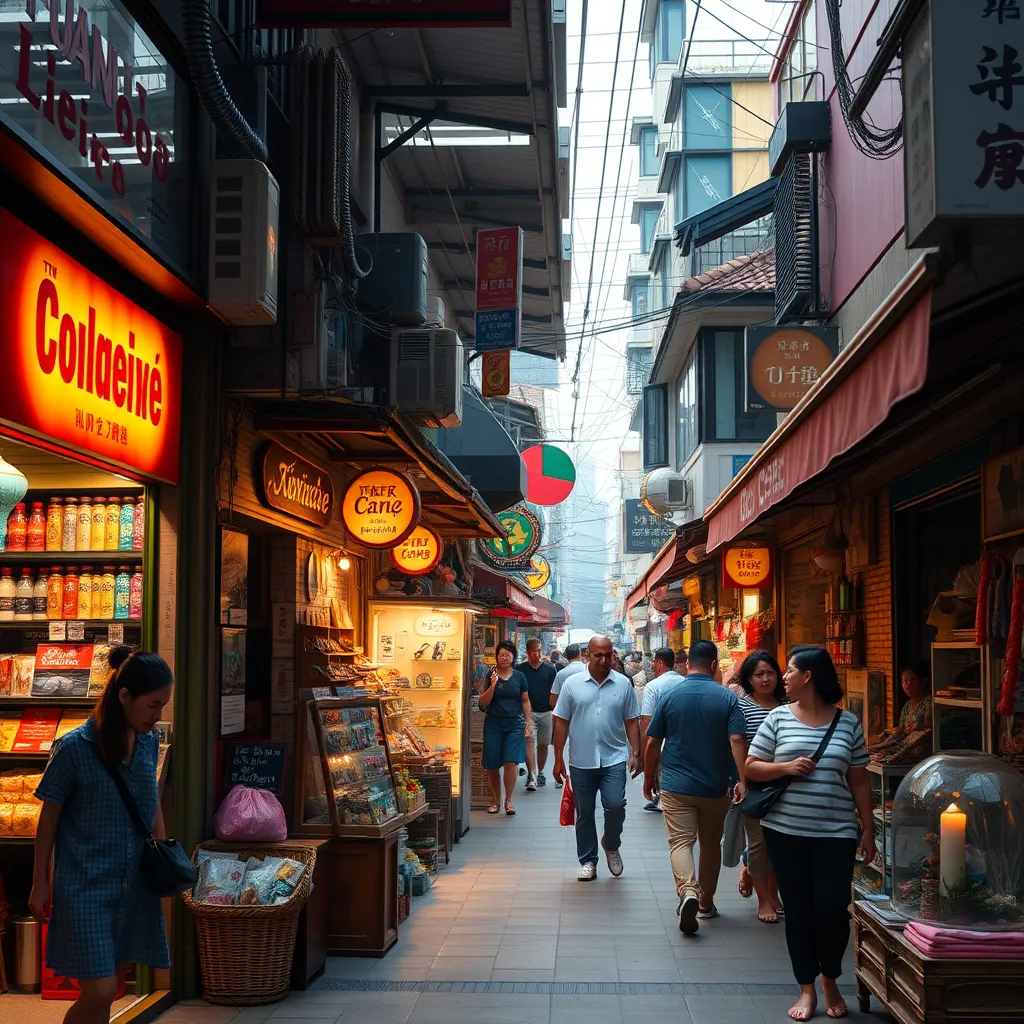 A vibrant, bustling street scene with diverse shops and businesses, showcasing a variety of products and services. People are walking by, interacting with shopkeepers and browsing goods. The image should evoke a sense of discovery and local charm.