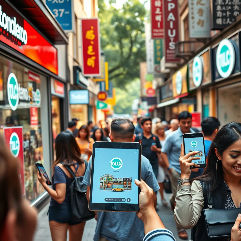 A vibrant and modern image showcasing the power of hyperlocal marketing.  Focus on a bustling street scene in a diverse neighborhood, with storefronts displaying eye-catching signage featuring the Marketing ToGo logo. A diverse group of people, both young and old, are walking by, engaging with their smartphones and tablet screens, displaying targeted advertisements related to local businesses. The image should be shot in natural light with a wide-angle perspective, emphasizing the busy yet vibrant energy of the scene.  The overall mood should be positive and engaging, conveying a sense of connection between businesses and their local communities.  The image should be rendered in ultra-high resolution (8K), with sharp details and realistic textures for a hyperrealistic effect. Style reference: David LaChapelle's vibrant street photography.