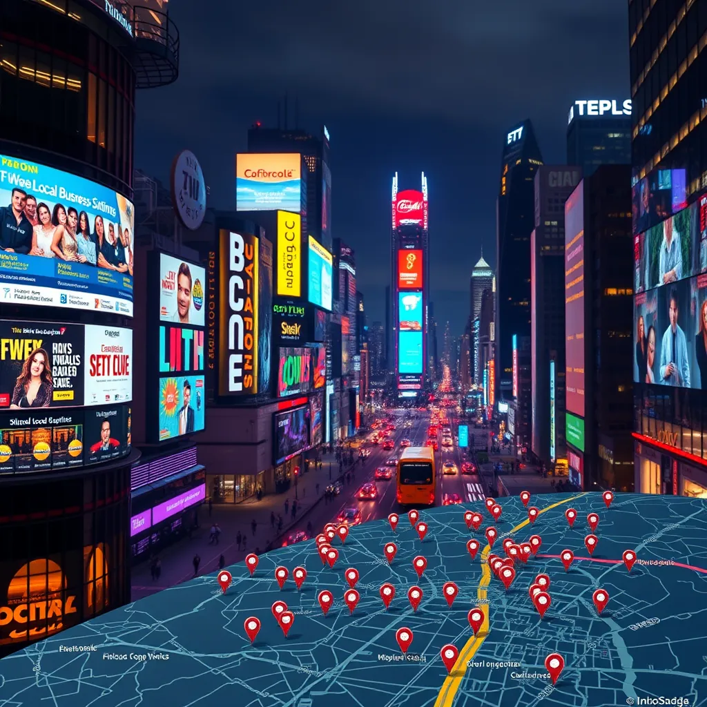 A vibrant cityscape at night with glowing screens showcasing local business listings and online advertisements. A map with pins marking the locations of businesses across the city. The overall image should convey a sense of connectivity and expanded reach.