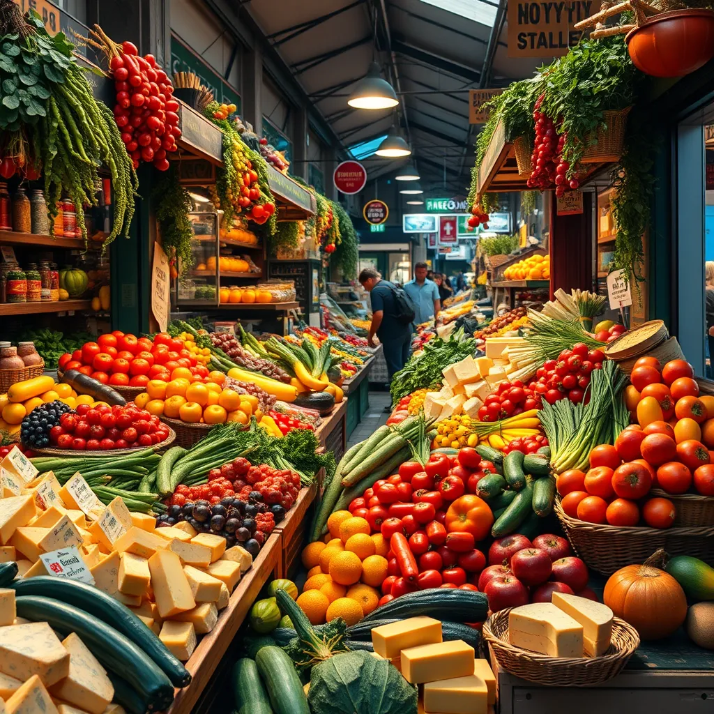 A vibrant market scene in Italy, showcasing a variety of fresh fruits, vegetables, and cheeses. The colors should be rich and inviting, and the atmosphere should be bustling with energy. The image should emphasize the diversity and freshness of Italian produce.