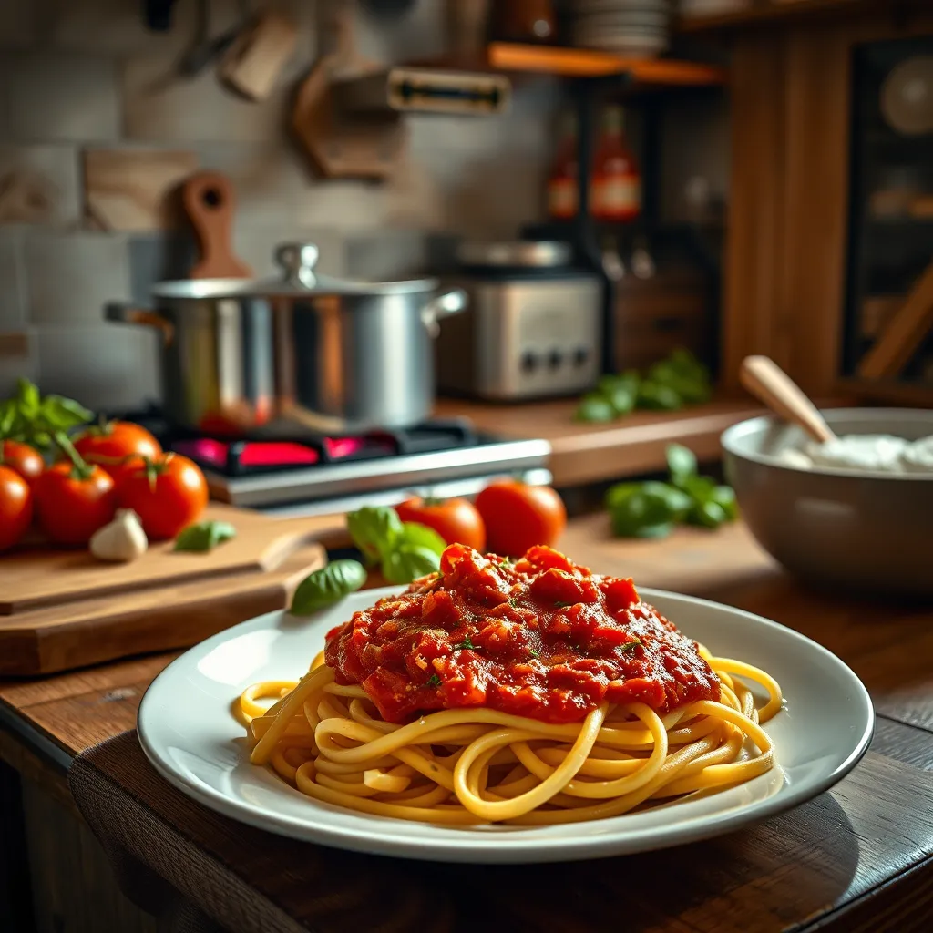 A vibrant scene of a rustic Italian kitchen with a steaming pot of pasta on the stove, a wooden cutting board with fresh ingredients like tomatoes, garlic, and basil, and a plate of perfectly cooked pasta with a generous serving of a rich tomato sauce.