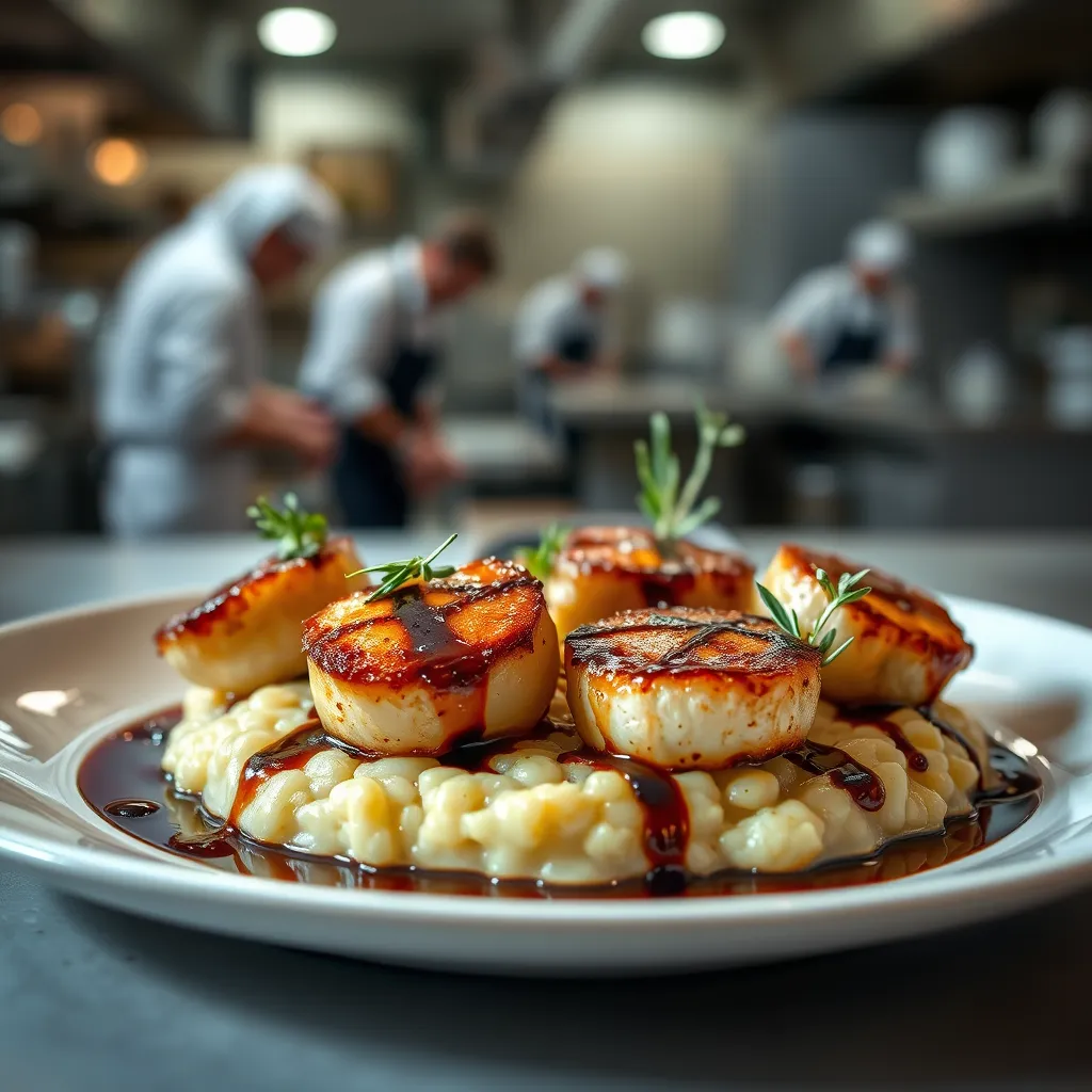 A visually stunning, wide-angle shot of a beautifully plated signature dish. The dish is composed of pan-seared scallops, served over a bed of creamy risotto with shaved truffle and topped with a drizzle of balsamic glaze. The plate is artfully arranged with a delicate garnish of microgreens and a sprig of fresh rosemary. The background features a blurred view of the bistro's kitchen, with chefs working in the background. The lighting should be soft and diffused, highlighting the colors and textures of the food. The image should be hyperrealistic and ultra-detailed, capturing the intricate details of the scallops, the creamy risotto, and the delicate garnish. The composition should be dynamic and eye-catching, with the dish as the focal point.