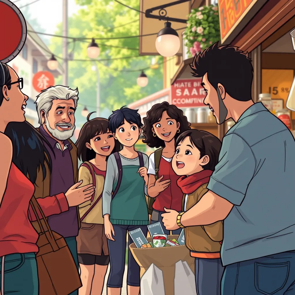 A group of diverse individuals, representing different age groups and ethnicities, interacting positively with local business owners. The scene should be warm and friendly, capturing the essence of community interaction and support. The image should be set in a cozy, local market environment.