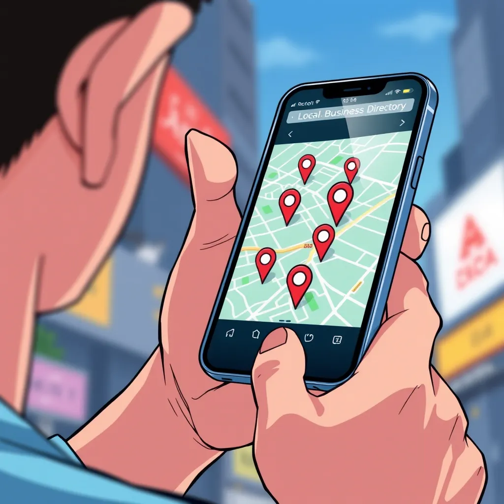 A person holding a smartphone with a local business directory app open. The app should showcase a map with multiple pinpoints, each representing a different local business.  The scene should depict a clear, user-friendly interface, emphasizing the ease of use and convenience the app provides.