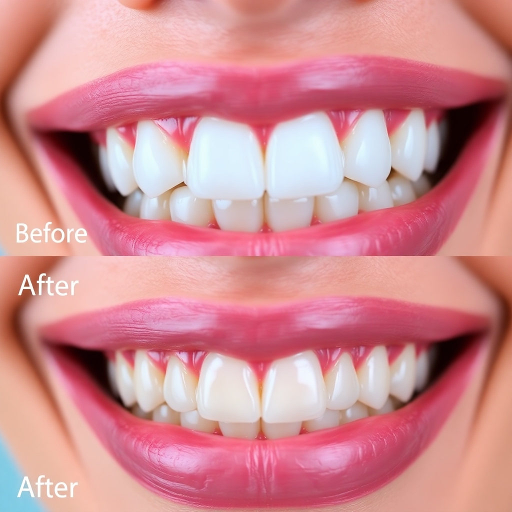 Before-and-after photo showcasing a dramatic smile transformation with dental veneers. The lighting should be bright and even, highlighting the improvements in color, shape, and alignment. 4K resolution, photorealistic.