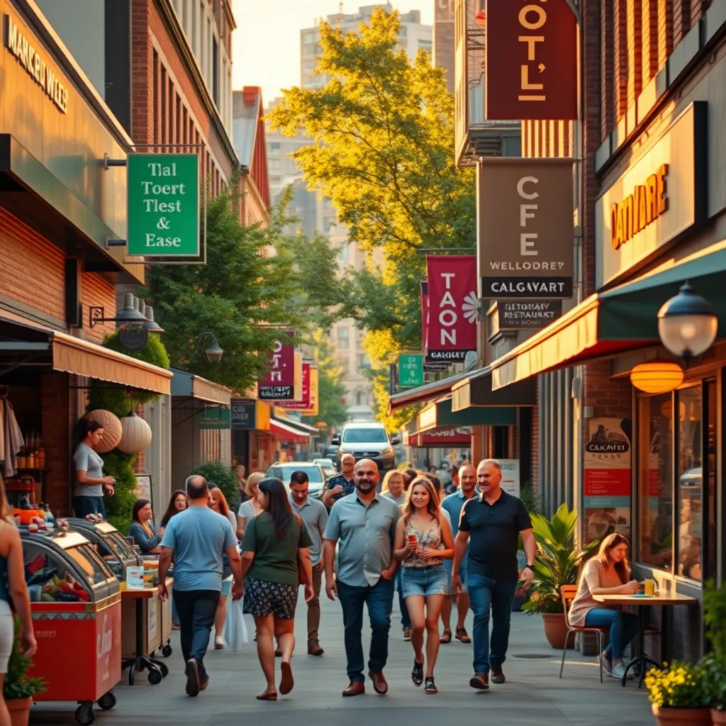 Generate a photorealistic, ultra-high quality image for a digital marketing business called Calgary Deals TogoTo. The image should depict a bustling Calgary street scene, filled with diverse businesses and happy customers. The camera angle should be from a slightly elevated perspective, showcasing the vibrant energy of the street. The lighting should be warm and inviting, with a golden hour sun casting long shadows. The color palette should be a mix of warm tones, showcasing the vibrant colors of local businesses and the welcoming atmosphere of Calgary. Include elements such as a street market with colorful stalls, a trendy coffee shop with people enjoying outdoor seating, and a family enjoying a meal at a local restaurant.  There should be a subtle sense of motion and activity, with people walking, shopping, and interacting. Incorporate details like brick walls, colorful signage, lush greenery, and vibrant street art to enhance the visual appeal. The final image should have an 8K resolution, hyperrealistic detail, and a dynamic, energetic vibe. Aim for a style similar to the work of photographers like Joel Meyerowitz and Alex Webb, emphasizing the human element and the captivating energy of urban life., ultra high resolution, photorealistic, 8K, hyperdetailed, cinematic lighting